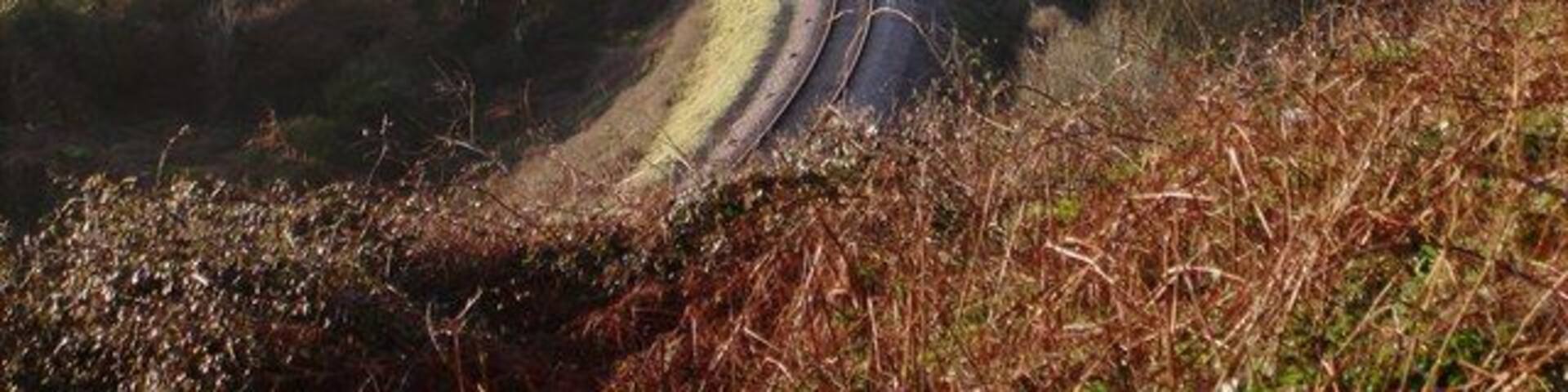 Railway line, Sugar Loaf, near Three Beaches The railway snakes round beautifully past the caravan park towards Broad sands.