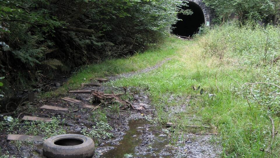 A muddy stream with a tire and a tunnel in the background.