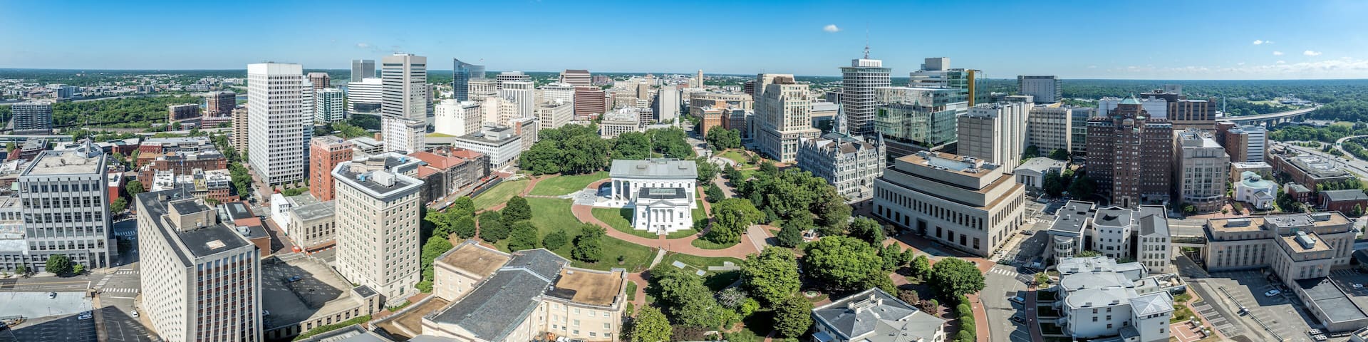 Aerial view of capitol square in Richmond with Virginia state capital, executive mansion, department of agriculture, old city hall, skyline