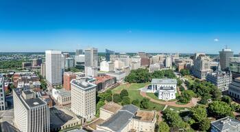 Aerial view of capitol square in Richmond with Virginia state capital, executive mansion, department of agriculture, old city hall, skyline