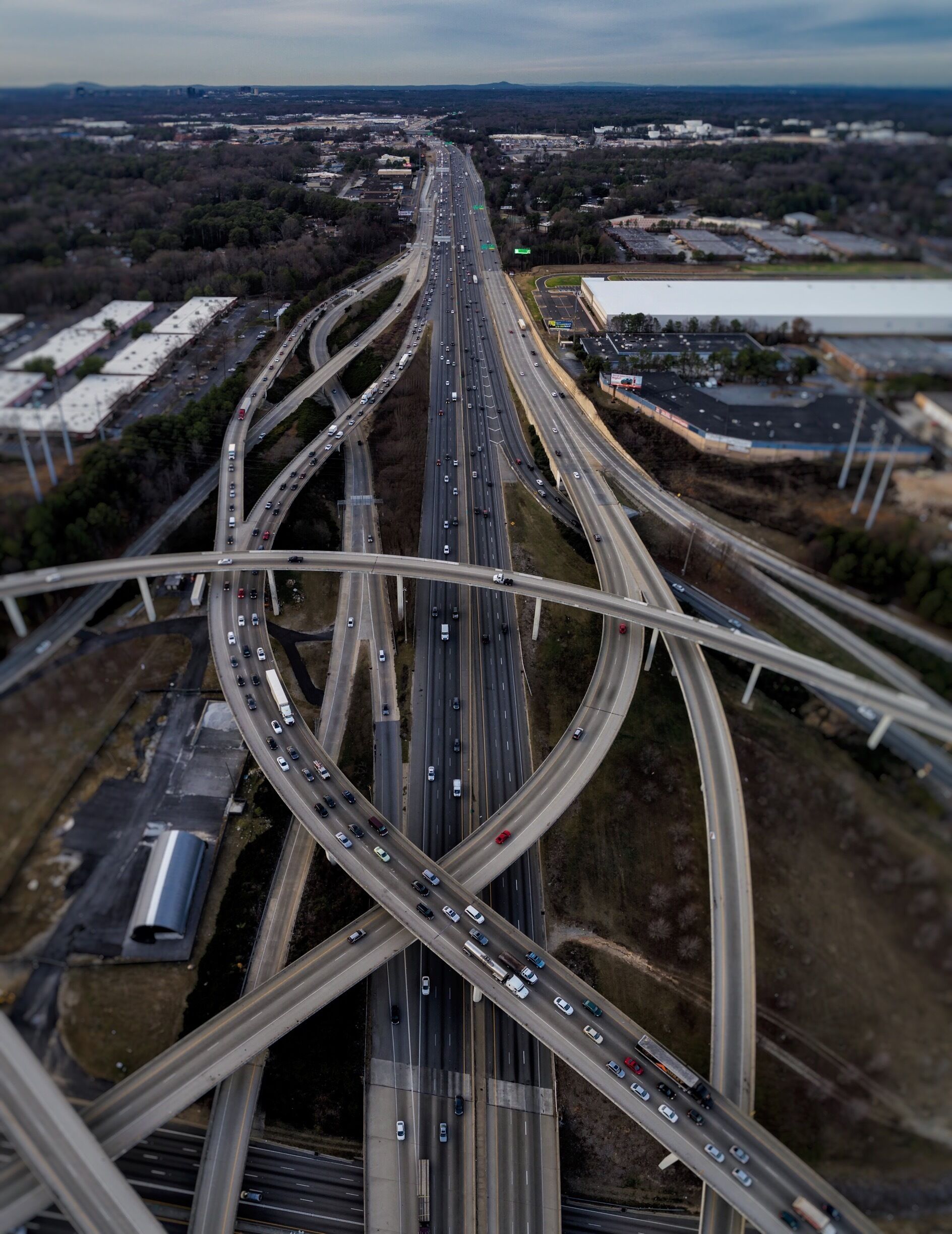 Nicknamed Spaghetti Junction, the intersection of I-85 and I-285 is full of exits and interstates. It's what can cause out of towners to call Atlanta the worst city to drive through. One of the busiest intersections, at rush hour the backup can be immense. It is also my favorite intersection because of all the bridges and crossing roads. 