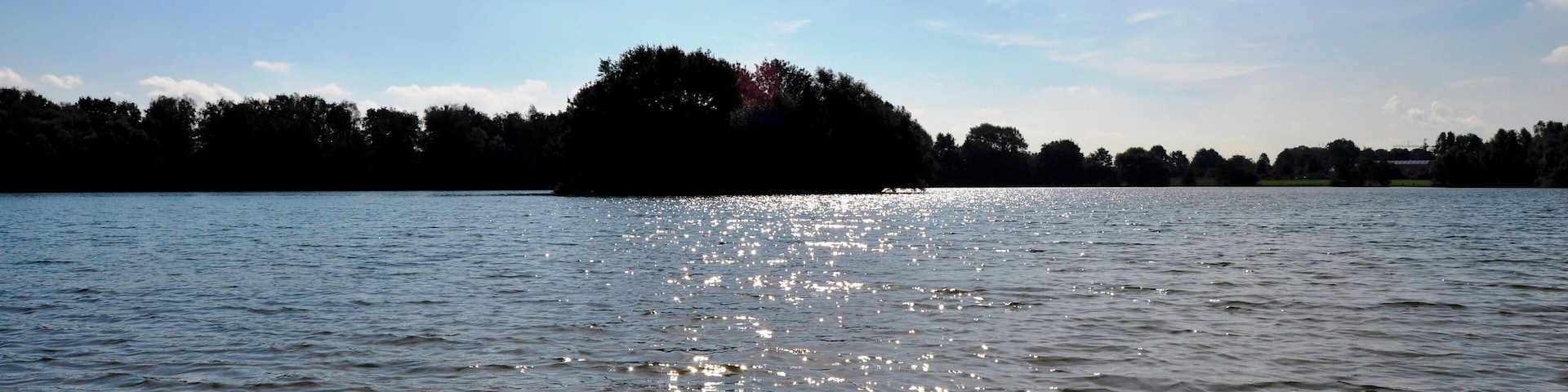 Un lago con una pequeña isla en el centro, rodeado de árboles y un cielo despejado.