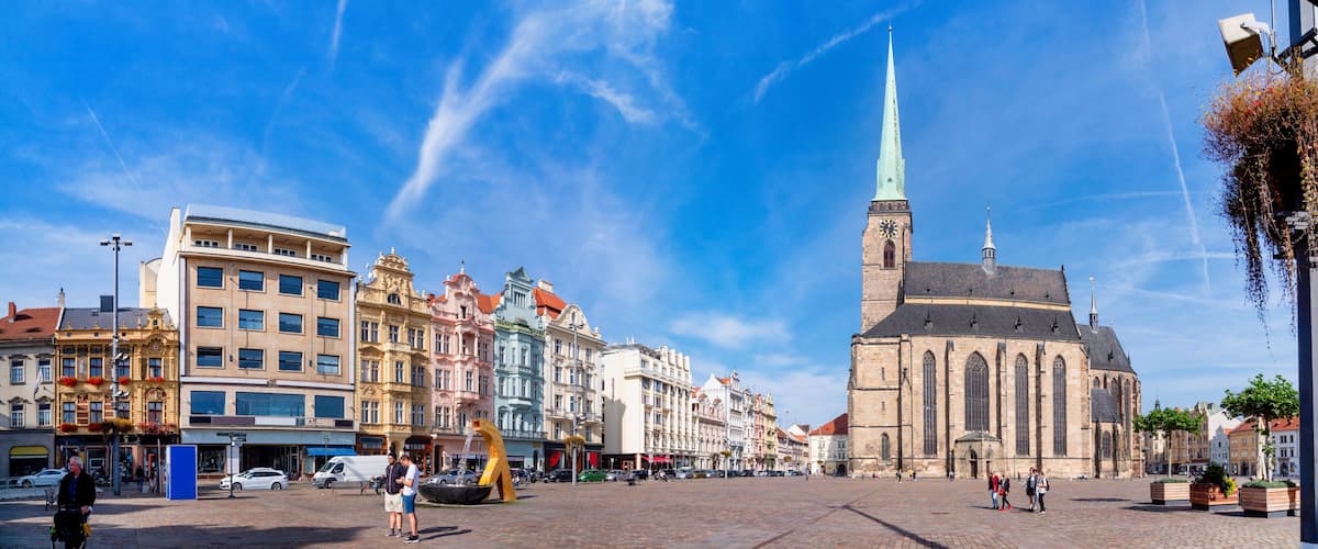 Panorama of the market square in Pilsen, Czech republic. Altstadt von Pilsen, Tschechien
