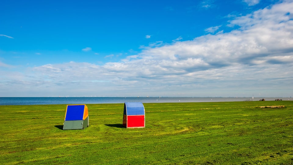 Two colorful beach umbrellas on a grassy field with a view of the sea and distant wind turbines.