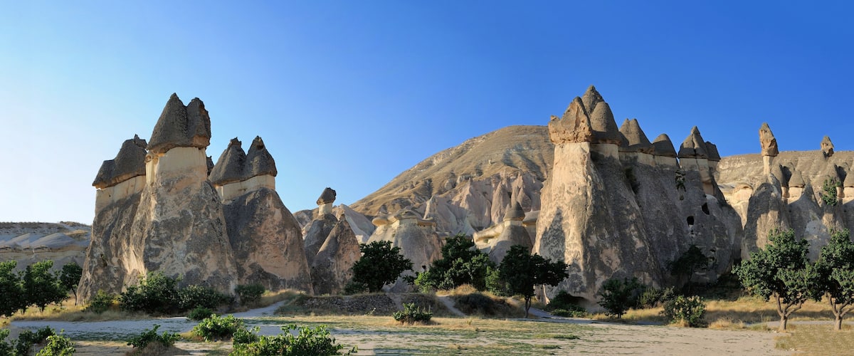 A landscape with unique rock formations and sparse vegetation.