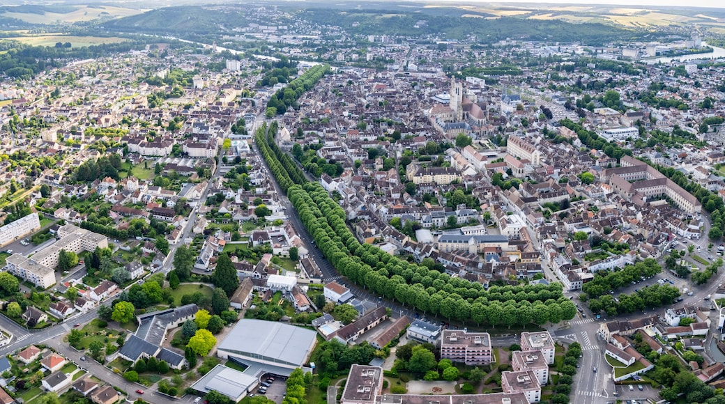 Panoramic aerial of the old town of the city Sens in France on a sunny noon in summer