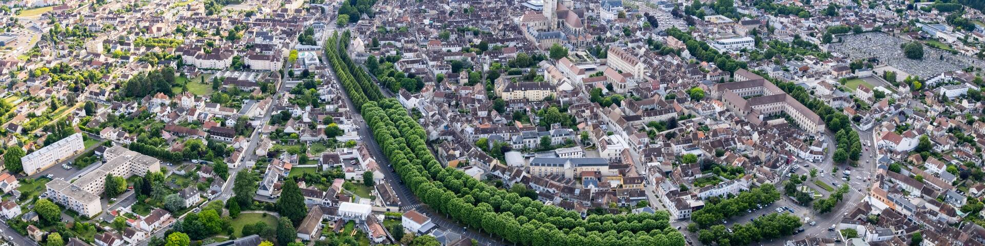 Panoramic aerial of the old town of the city Sens in France on a sunny noon in summer