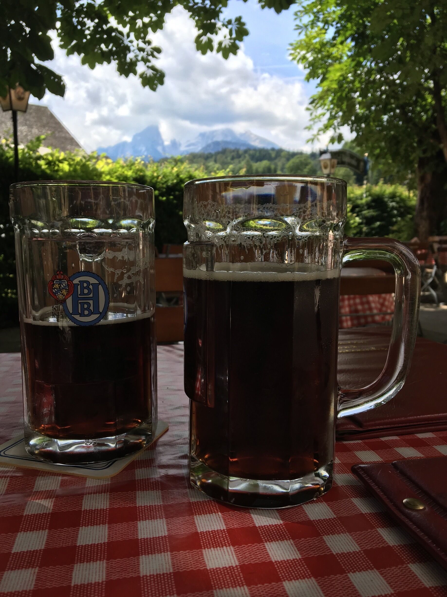 Two beer mugs on a red and white checkered tablecloth with a mountain and trees in the background.