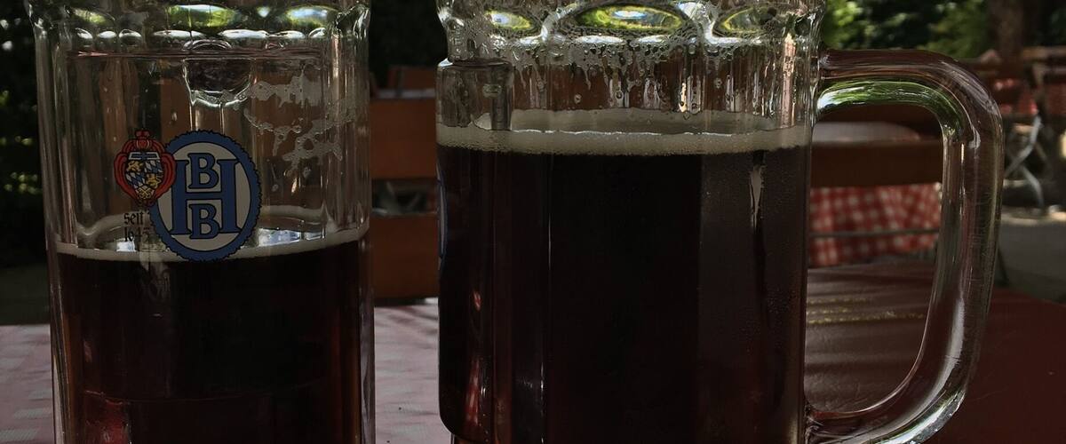 Two beer mugs on a red and white checkered tablecloth with a mountain and trees in the background.