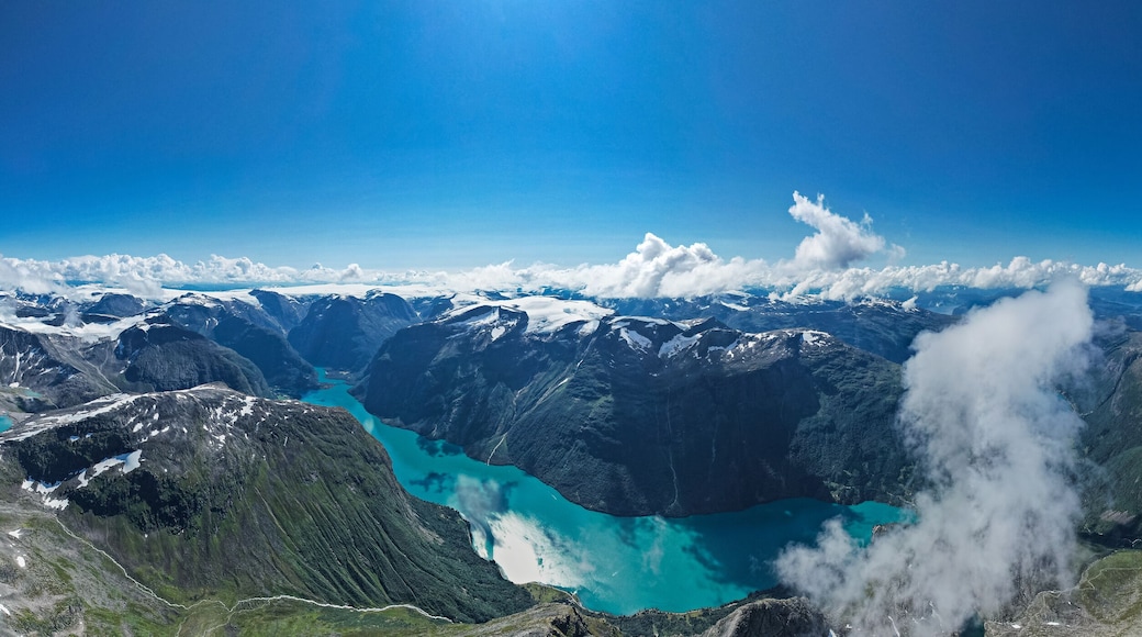 Aerial view above the mountains, fjords and lakes of Norway during summer