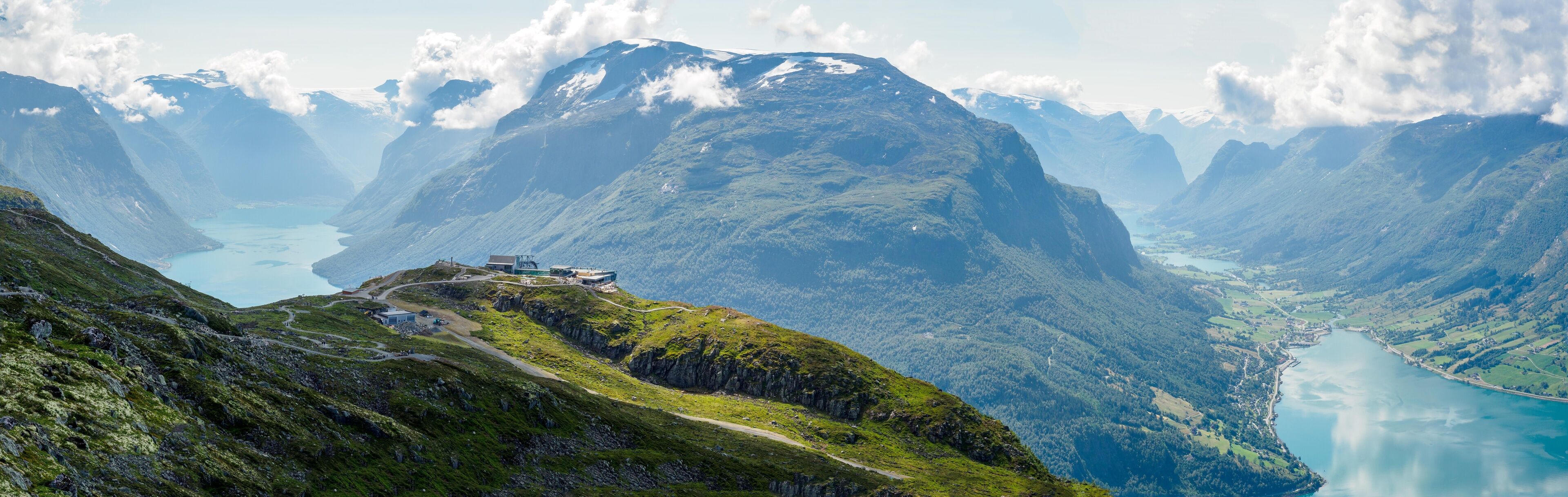 Oldenvatnet lake, Lovatnet lake and Innvikfjorden from Skredfjellet top, Norway