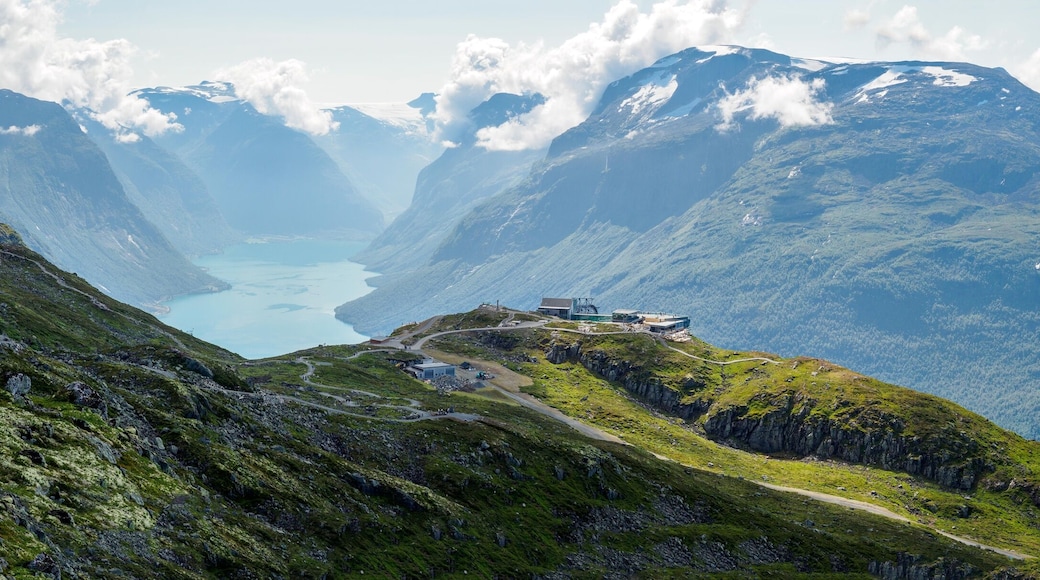Oldenvatnet lake, Lovatnet lake and Innvikfjorden from Skredfjellet top, Norway
