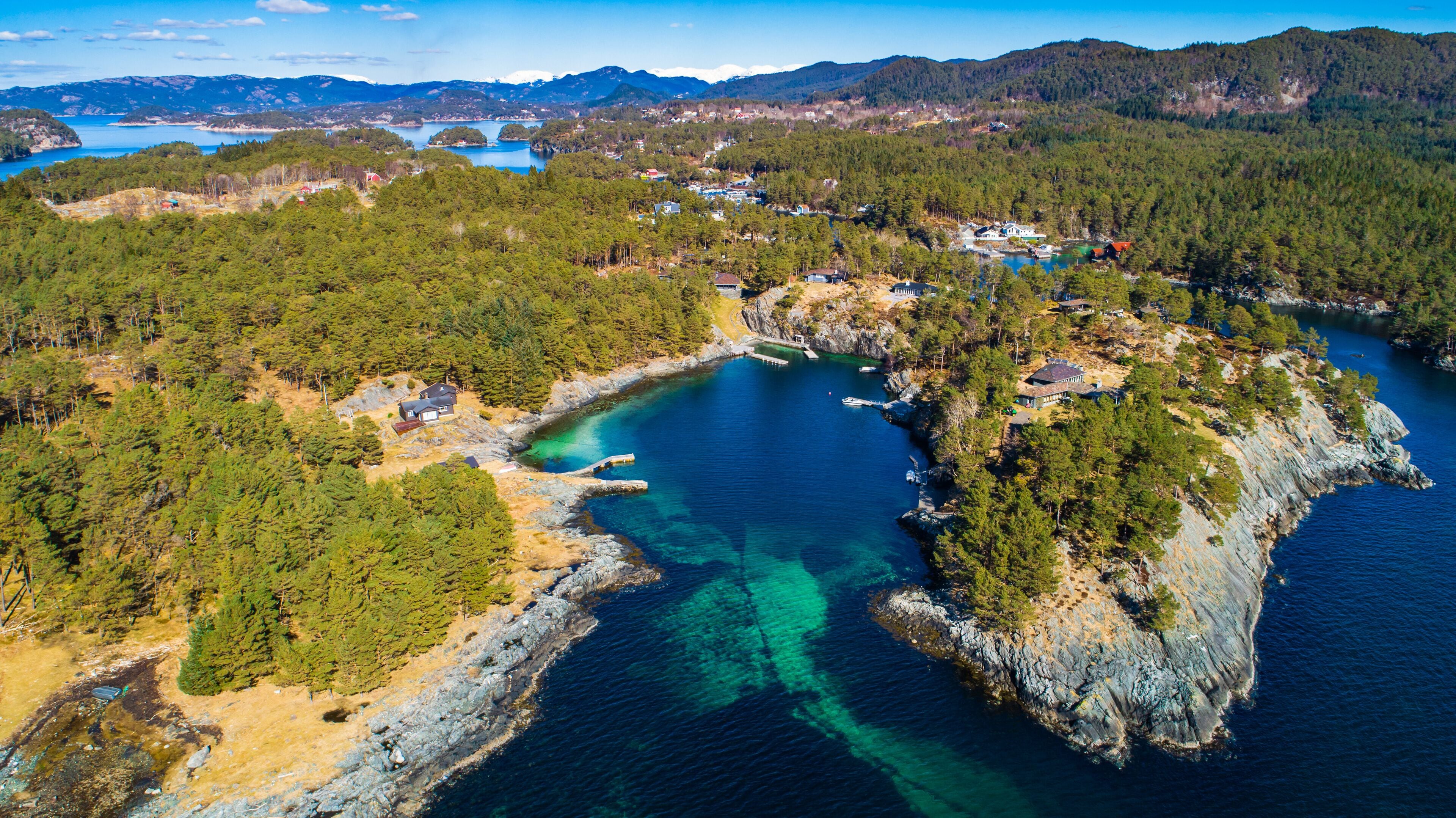 Aerial fjord view near Os village. Bergen, Norway.