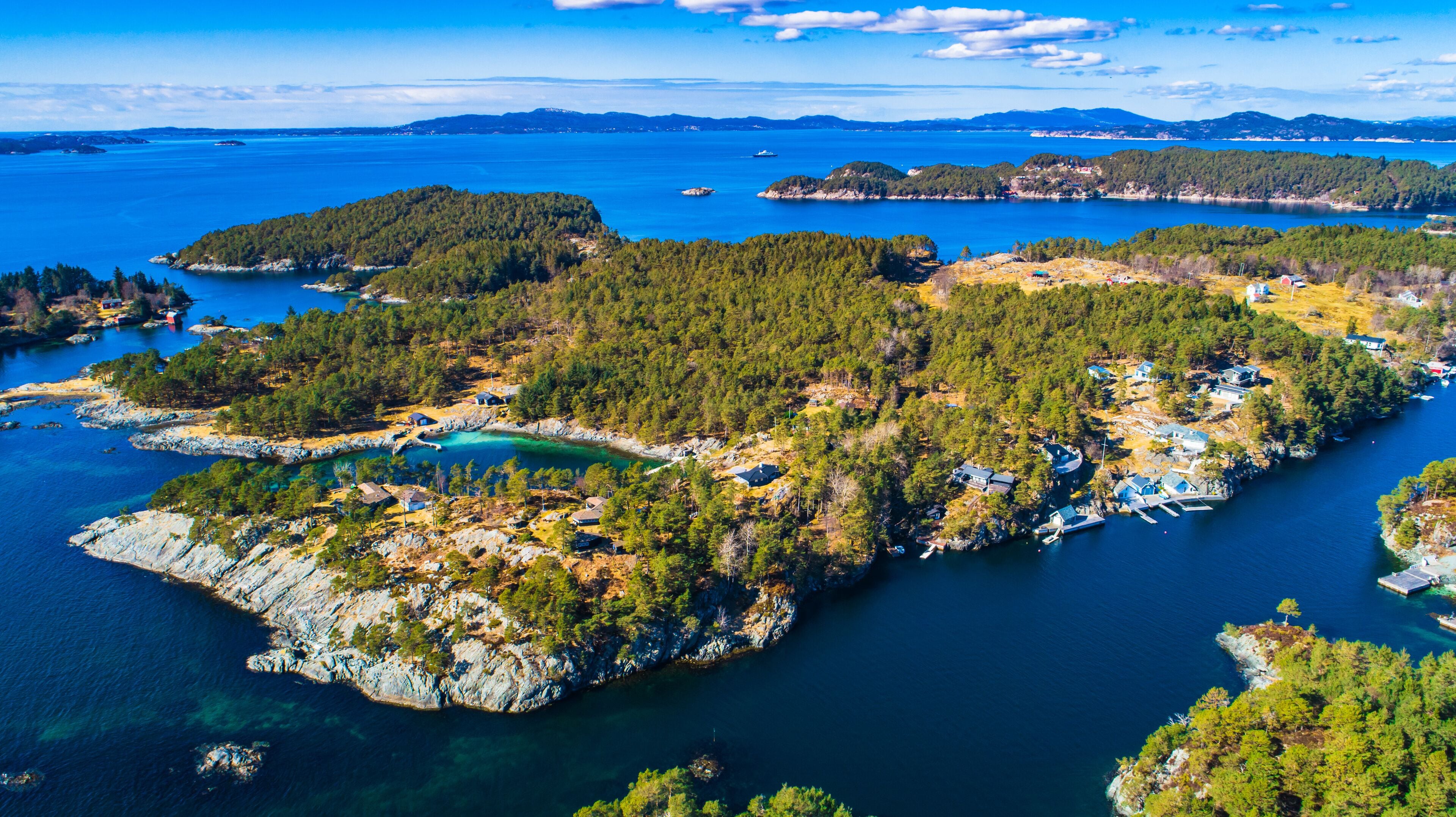 Aerial fjord view near Os village. Bergen, Norway.
