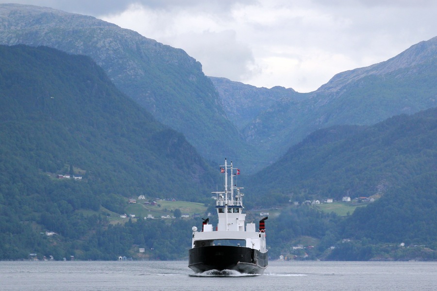 View of Skanevikfjorden near Skanevik in Hordaland county, Norway.