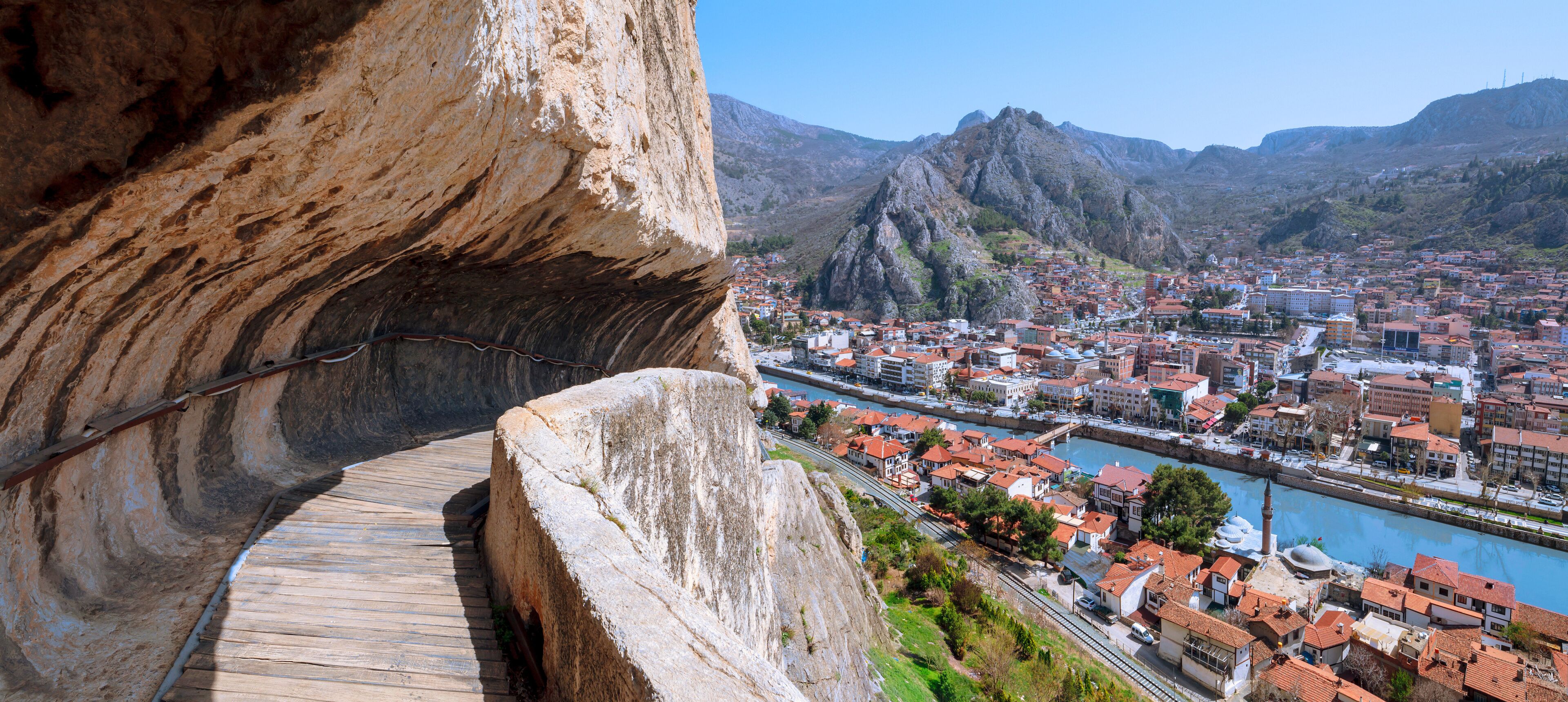 Amasya, Turkey. may 2021: View of the city from the mountain tunnel to the royal tombs.