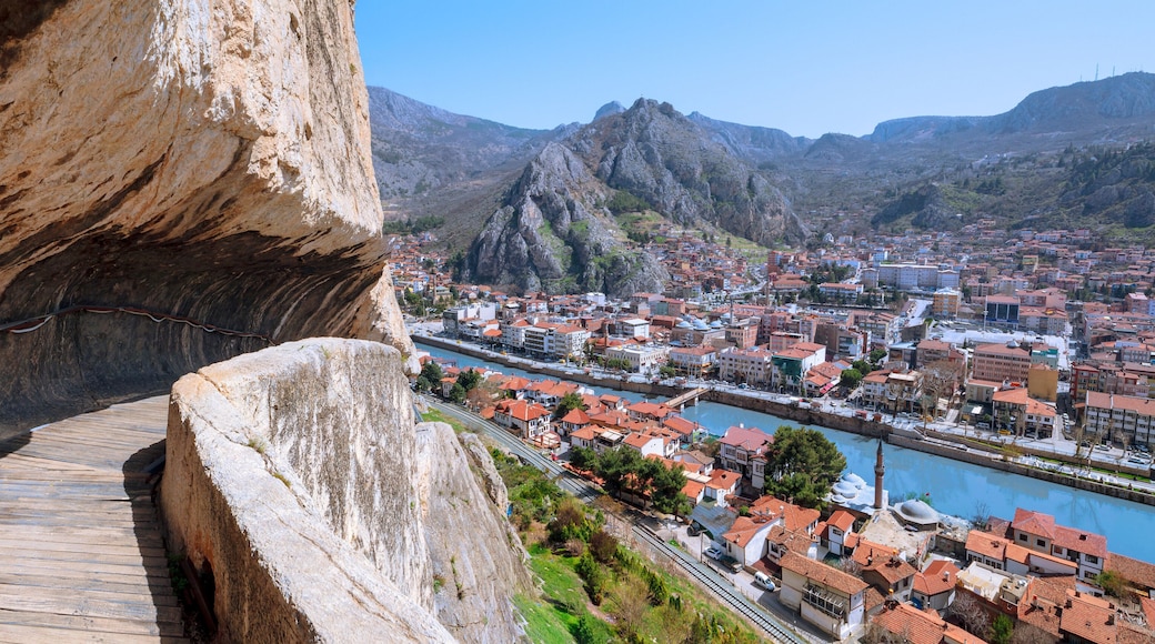 Amasya, Turkey. may 2021: View of the city from the mountain tunnel to the royal tombs.