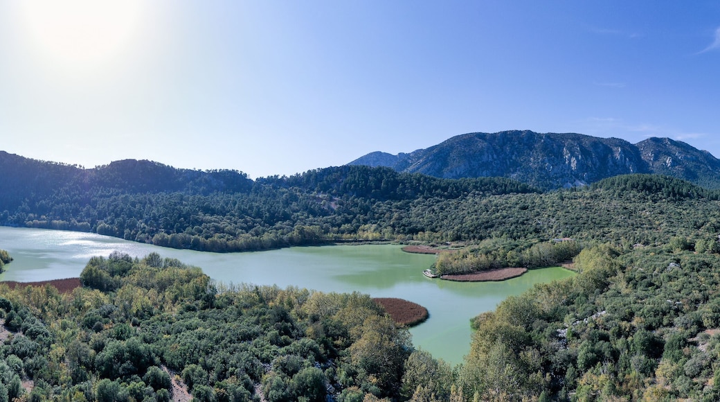 The beautiful panorama landscapes of Kovada Lake, mountains and green area from the air Isparta, Turkey Lake District.