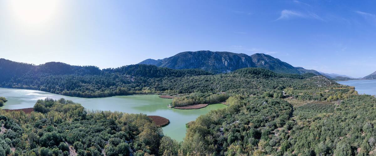 A lake surrounded by dense forest and mountains.