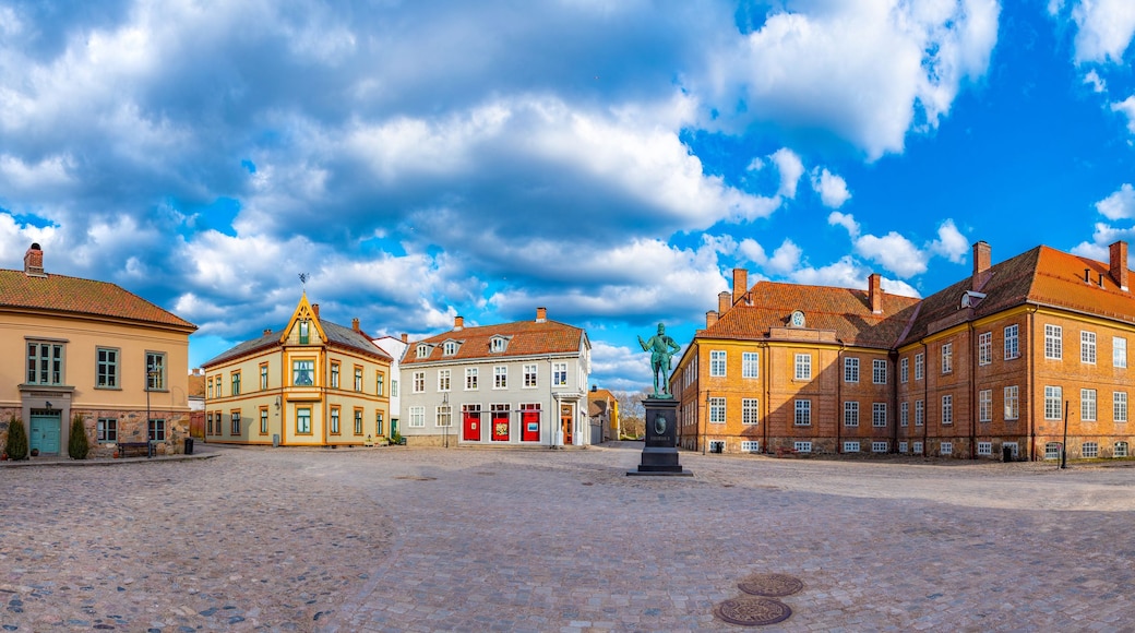 Torvet square in Fredrikstad with statue of the founder of the city - king Fredrik II, Norway