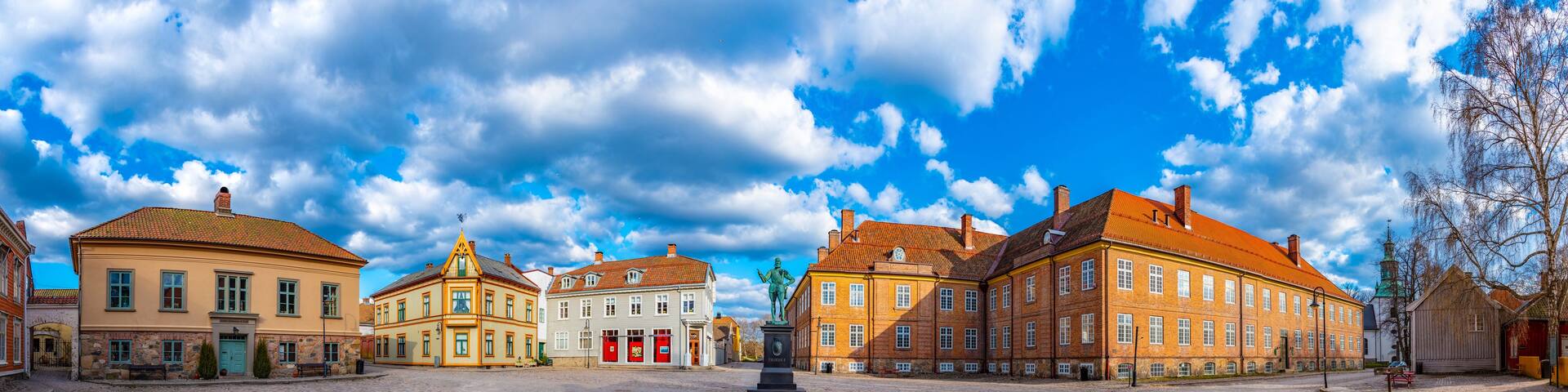 Torvet square in Fredrikstad with statue of the founder of the city - king Fredrik II, Norway