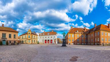 Torvet square in Fredrikstad with statue of the founder of the city - king Fredrik II, Norway