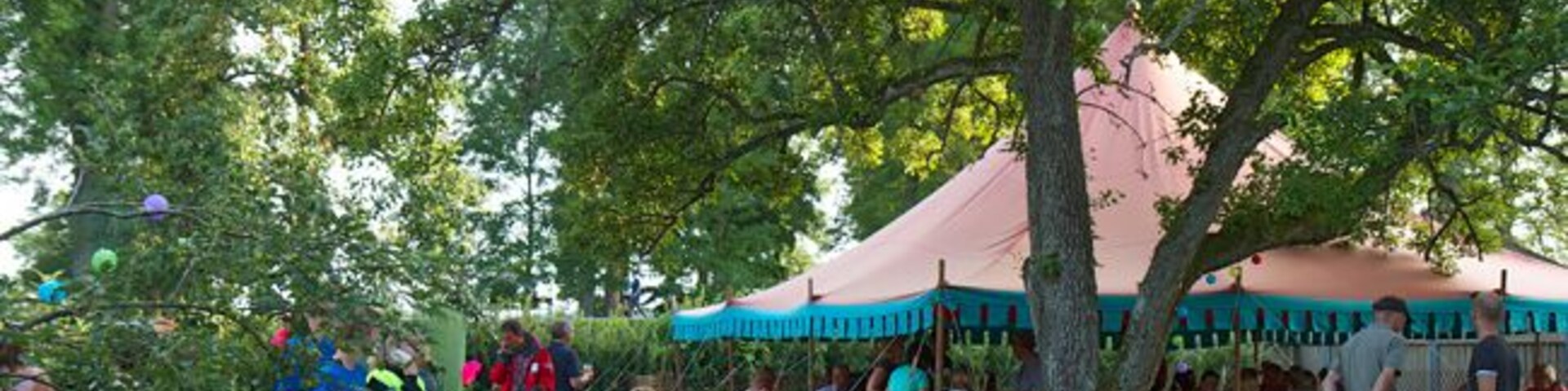 Um parque com uma árvore grande, uma tenda rosa e pessoas reunidas em volta de mesas.
