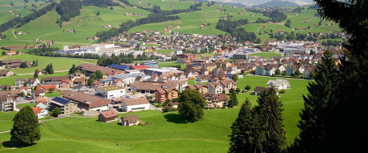 A town nestled in green hills with buildings and roads.
