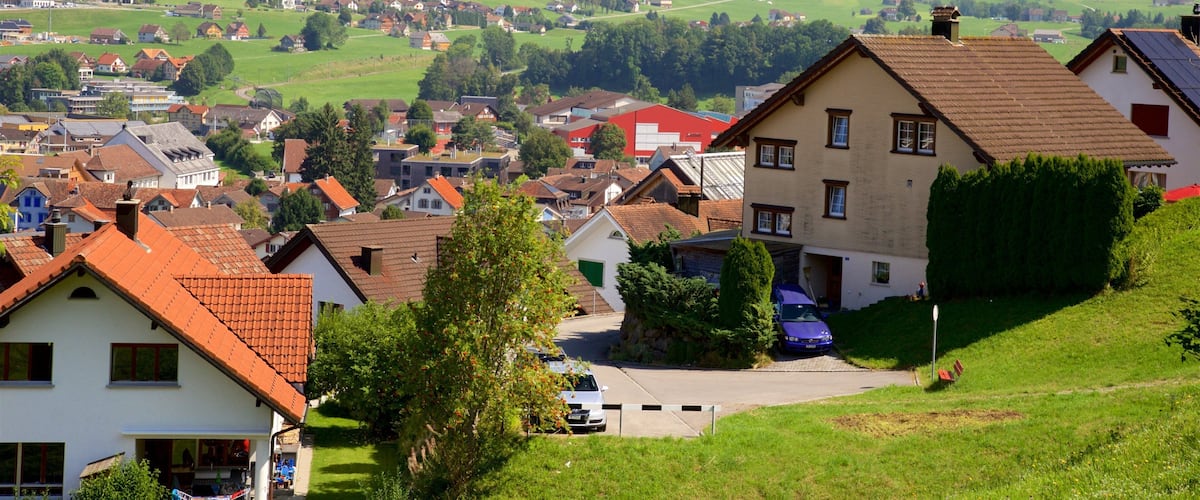 A village with red-roofed houses, a blue car, and green hills in the background.