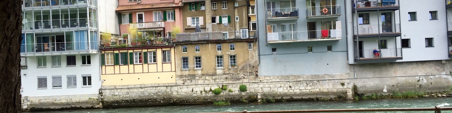 Walking along the river in thermal spa town of Baden Switzerland