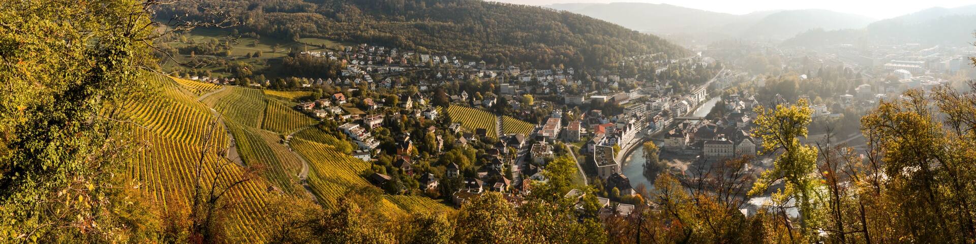 scenic panorama of a city in baden aargau switzerland in autumn with fog in background