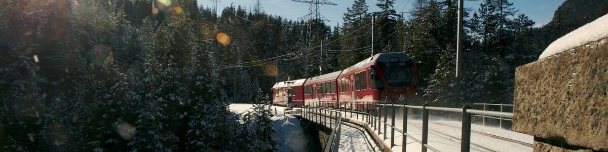 Ein roter Zug auf einer verschneiten Gleisstrecke, umgeben von schneebehangenen Bäumen und einem klaren Himmel.