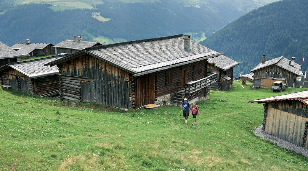 Davos featuring a small town or village and hiking or walking as well as a couple