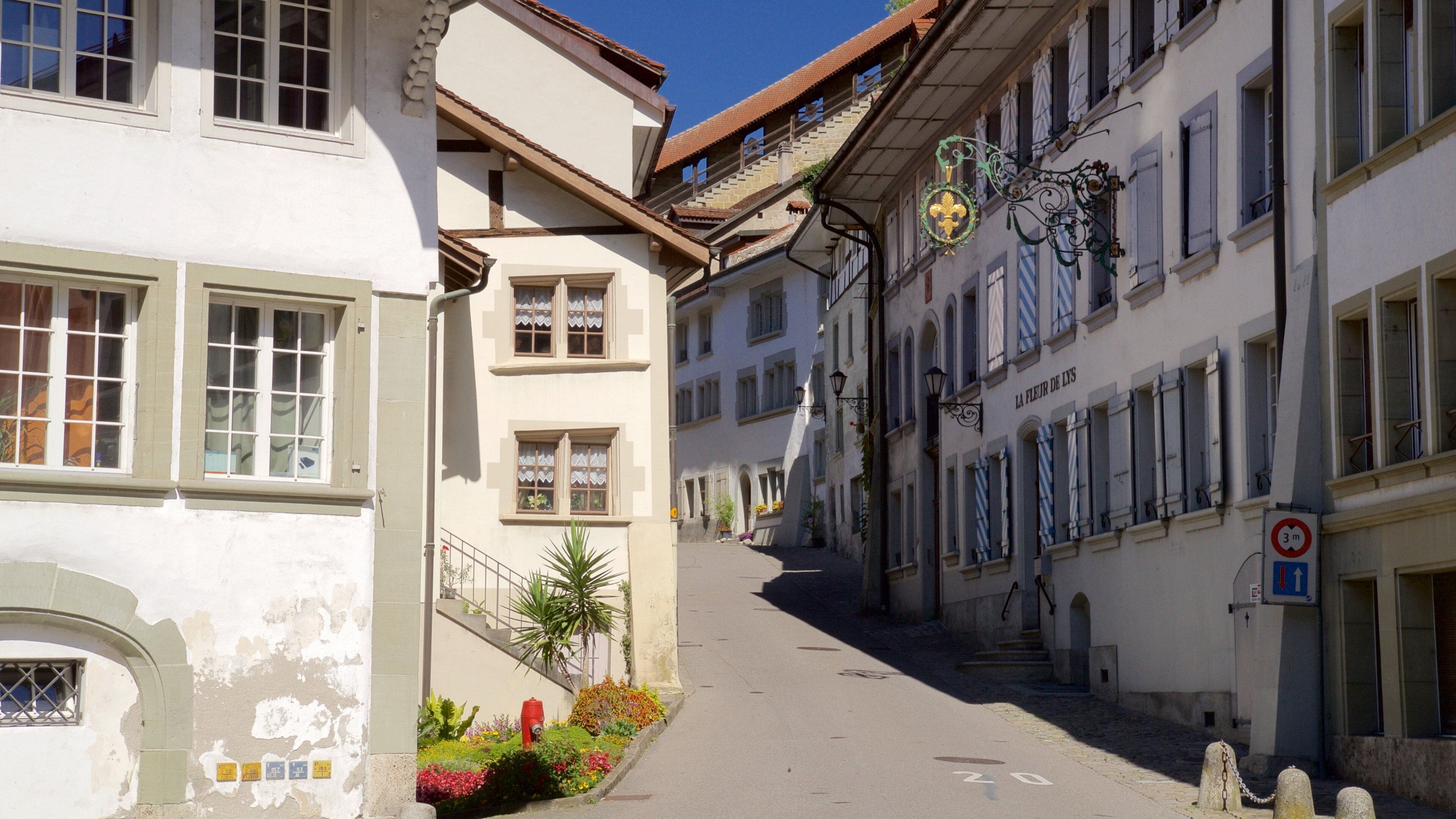 A narrow street flanked by historic buildings with ornate facades and a sign reading "LA FLEUR DE LYS".