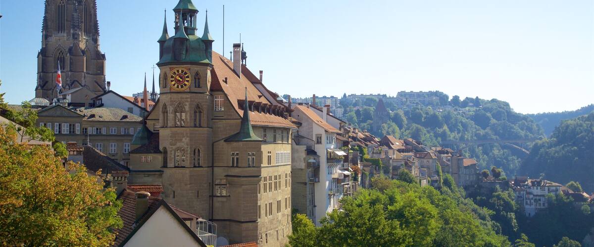 A historic town with a prominent church tower, a clock tower, and a cathedral in the background.