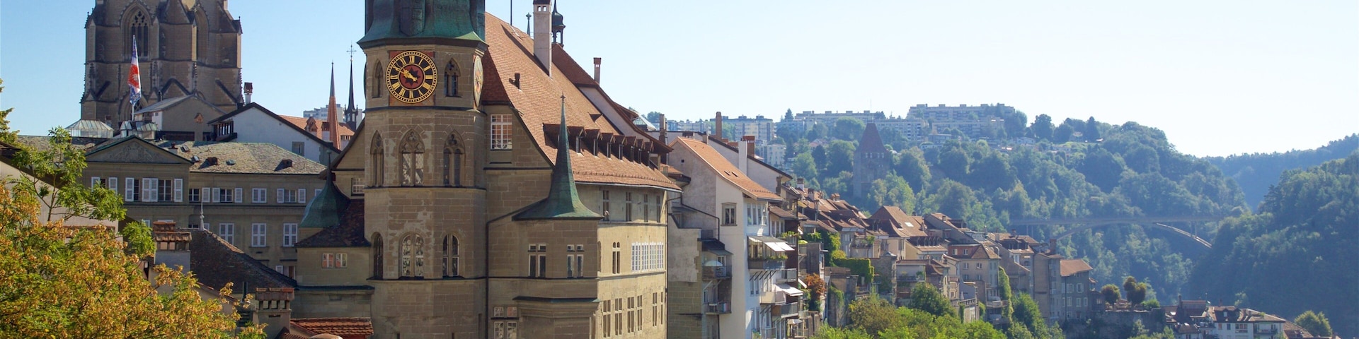 A historic town with a prominent church tower, a clock tower, and a cathedral in the background.