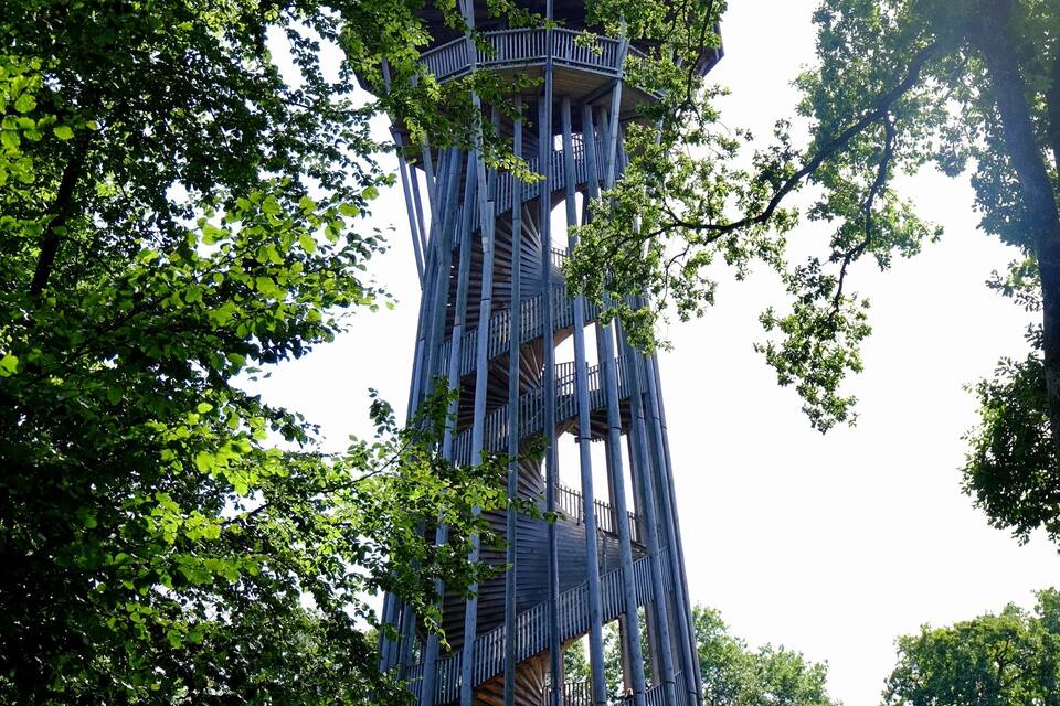 A tall, modern tower with a spiral staircase surrounded by lush greenery.