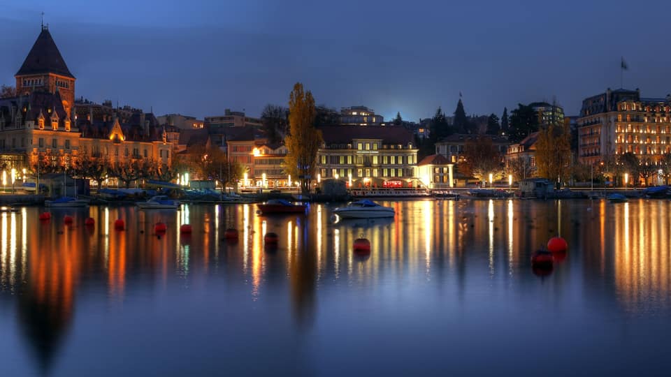 Ouchy panoramic at twilight, Lausanne, Switzerland