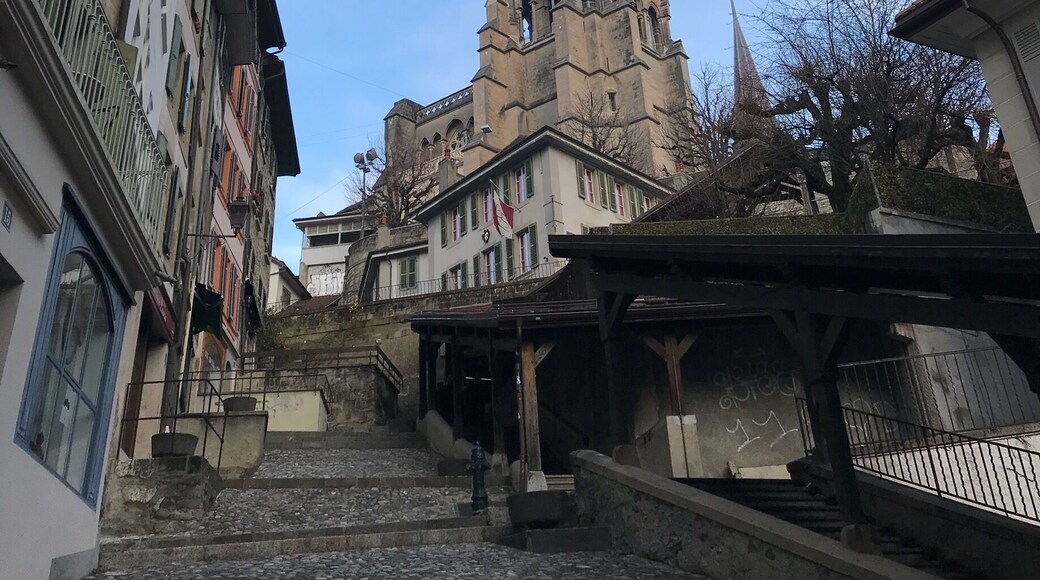View of Lausanne cathedral before the steps that lead to it ...