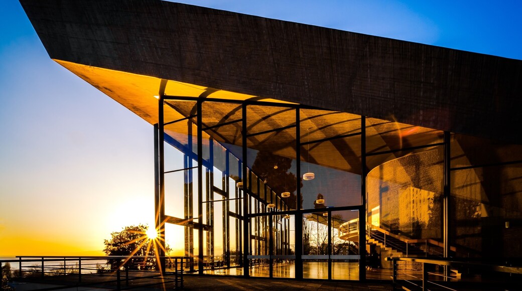 Aula des Cèdres, Jean Tschumi, 1961-1962. The rectangular building has a huge concrete roof that raises at both ends like a veil in order to allow these high windows offering a beautiful view on the trees and the lake. Perfect both for architecture enthusiasts and sunset lovers !