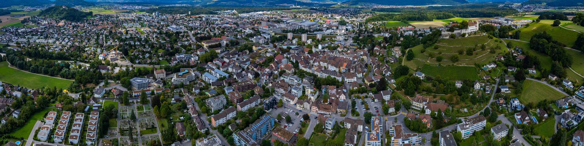 Aerial view of old town of the city Lenzburg in Switzerland on a sunny day in summer.
