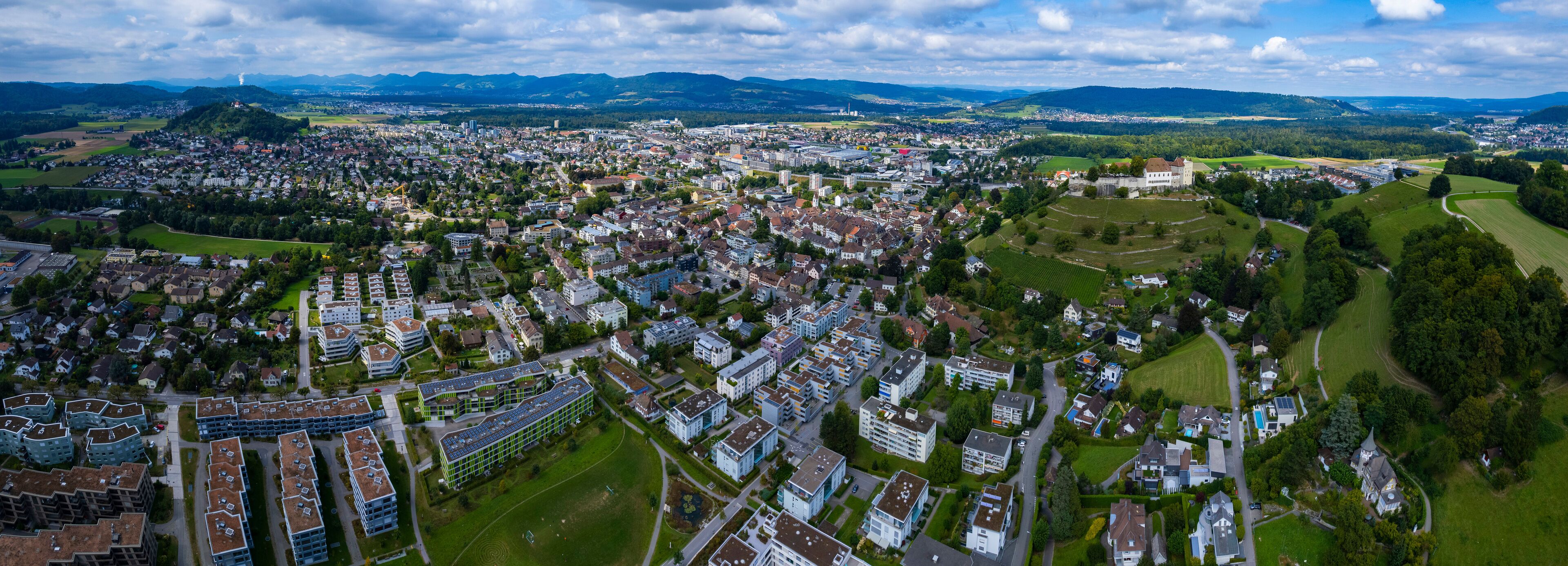 Aerial view of old town of the city Lenzburg in Switzerland on a sunny day in summer.