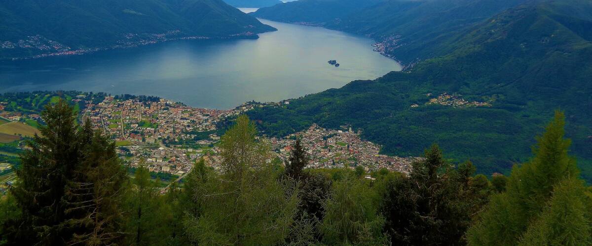 A mountainous landscape with a lake, a town, and dense forest.