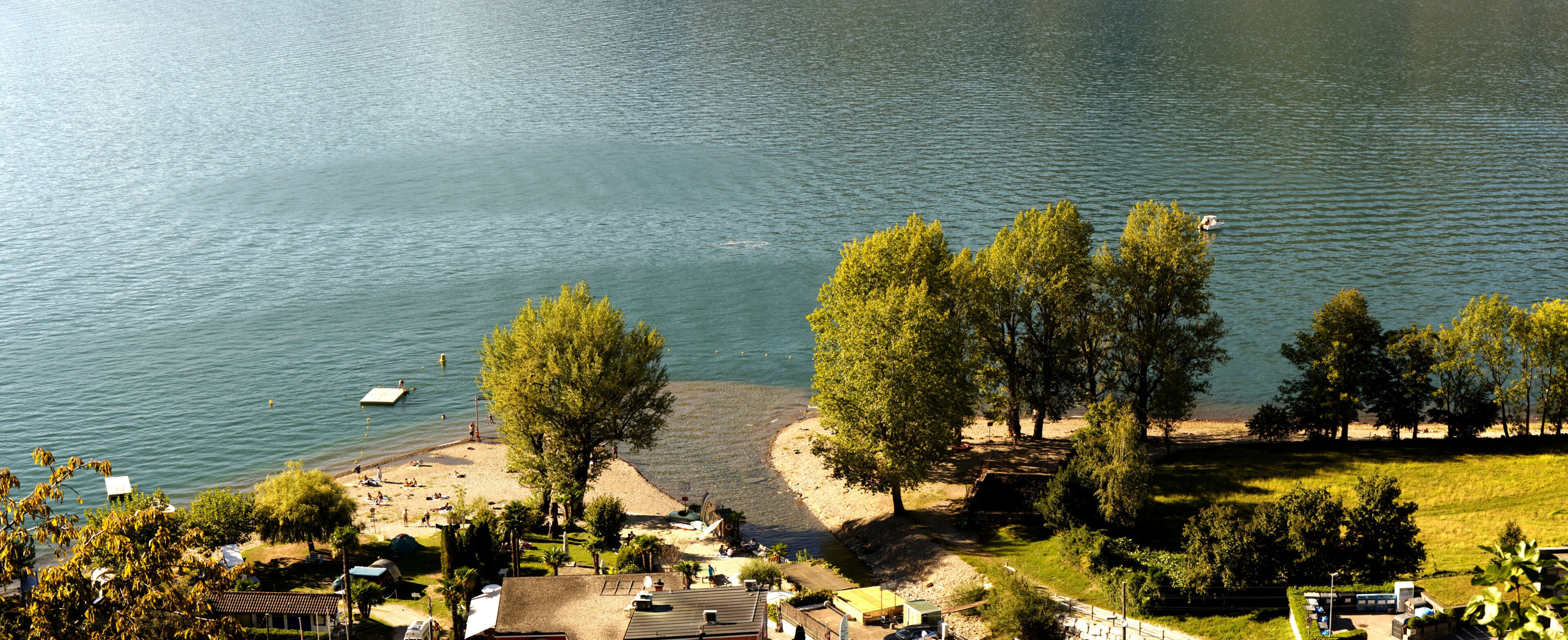 Una playa junto al lago, con árboles, un bote y un muelle pequeño.