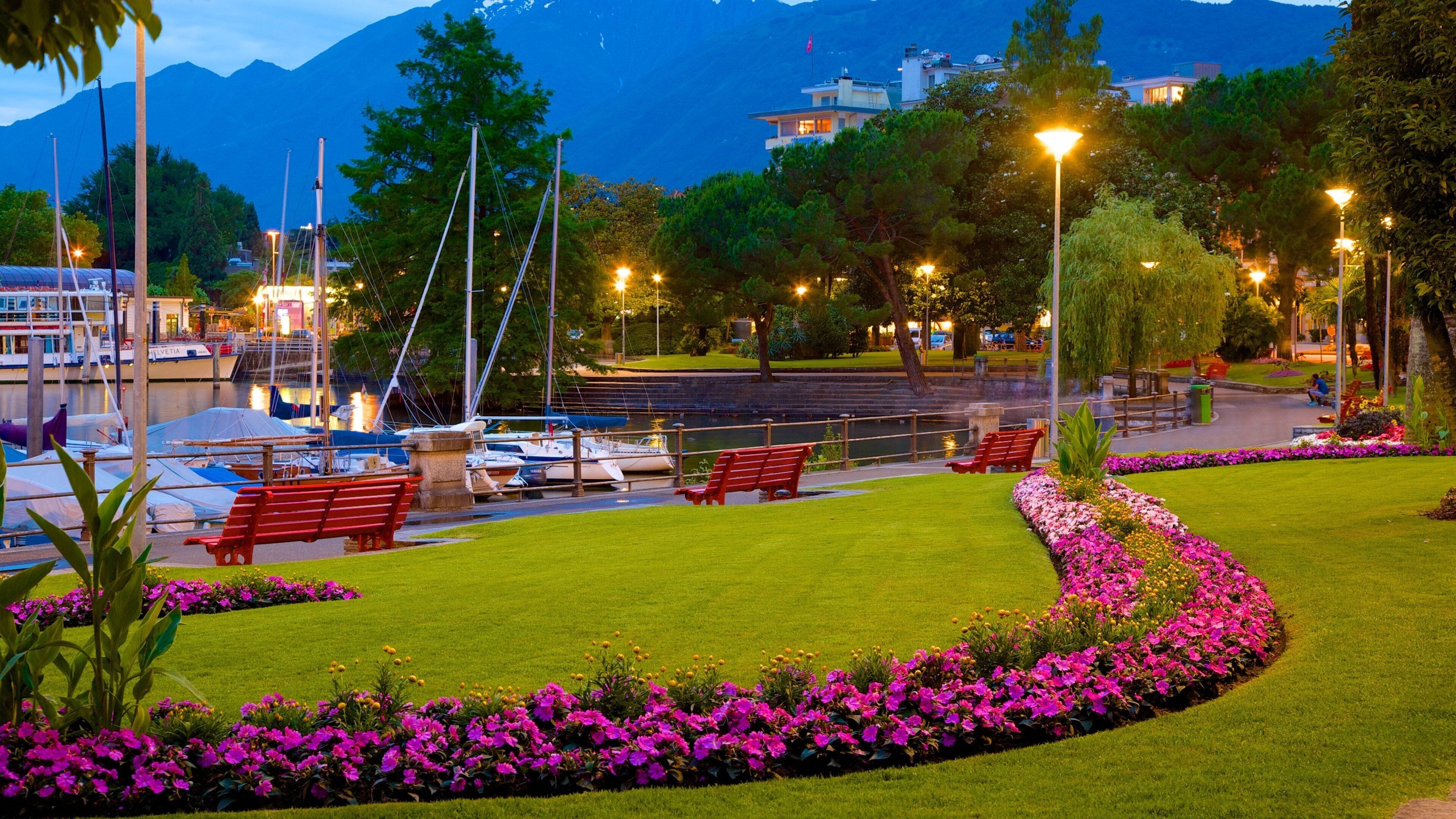 A marina with boats, benches, and a flower garden.