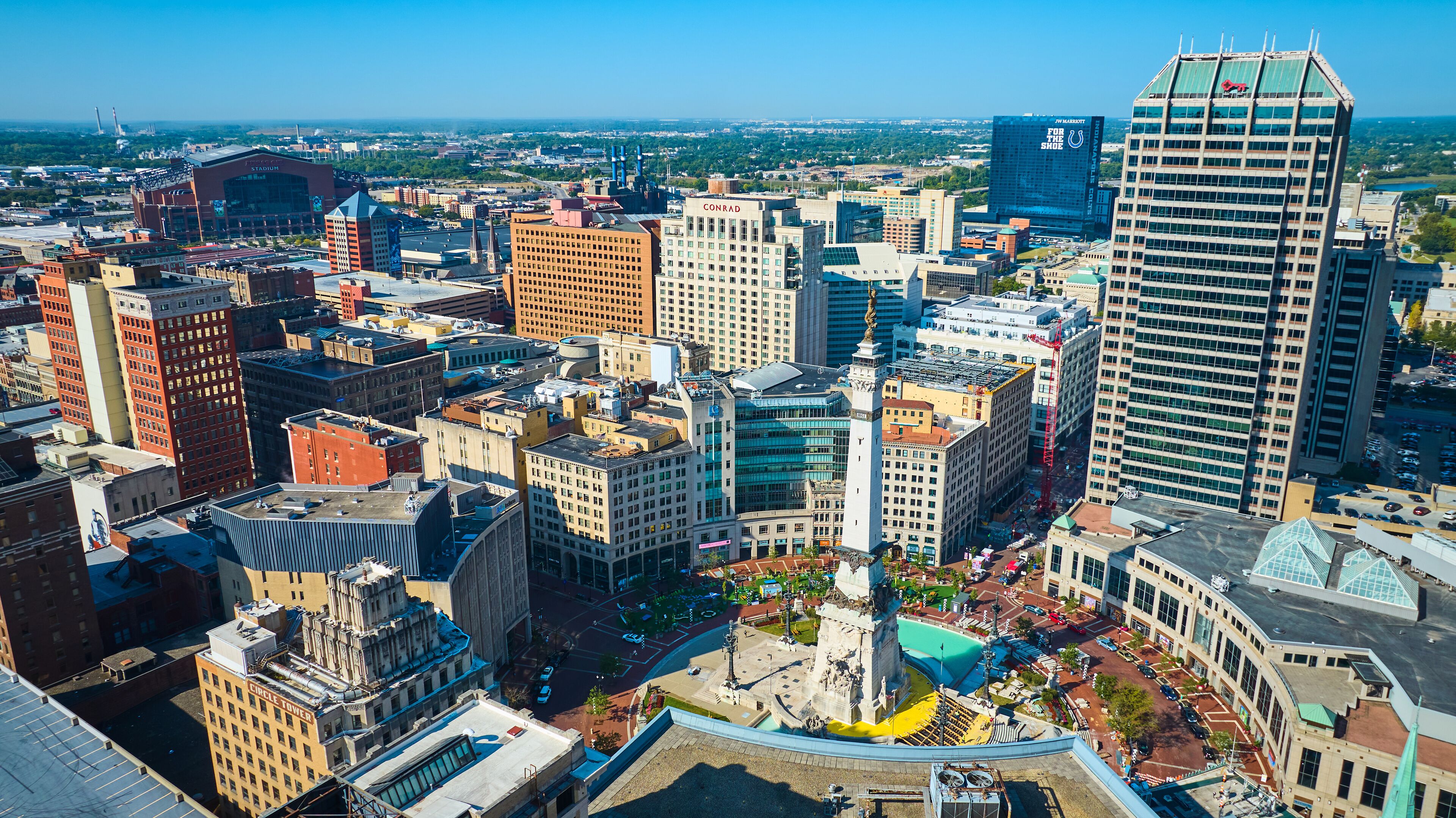 Aerial View of Indianapolis Cityscape, Monument Circle, and Skyscrapers