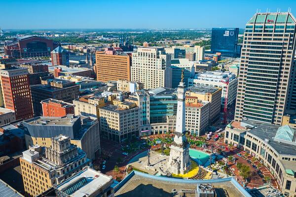 Aerial View of Indianapolis Cityscape, Monument Circle, and Skyscrapers