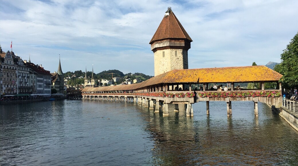 Beautiful Lucerne - the Chapel Bridge taken from just off the main traffic bridge leading to the station terminal.
Still looking good after returning 30+ years on!