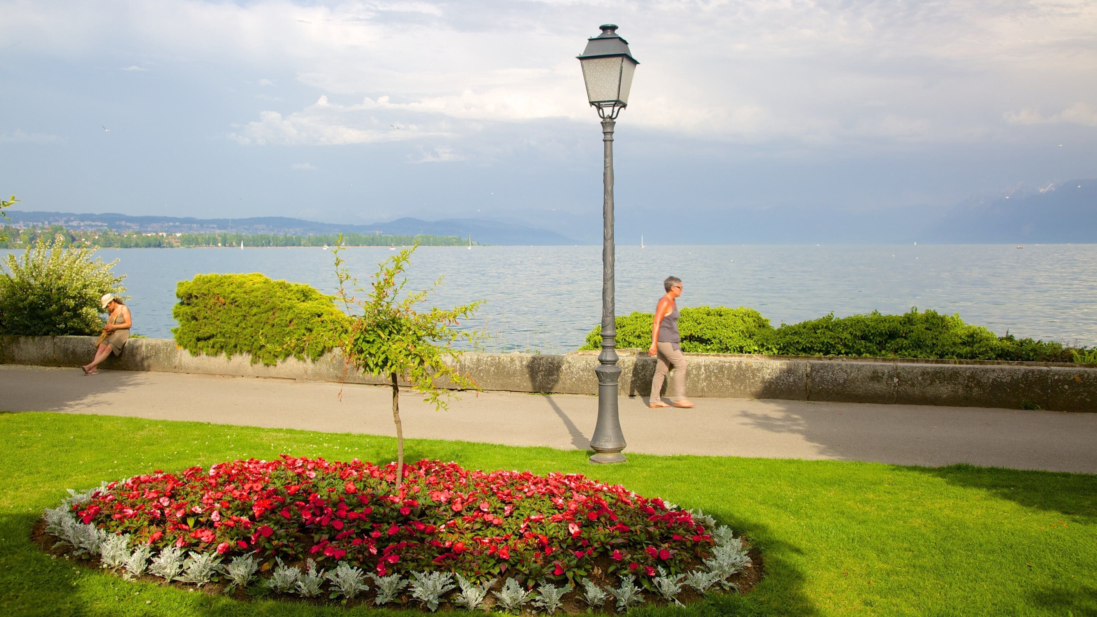 A lakeside walkway with a lamppost, red flowers, and a person walking.