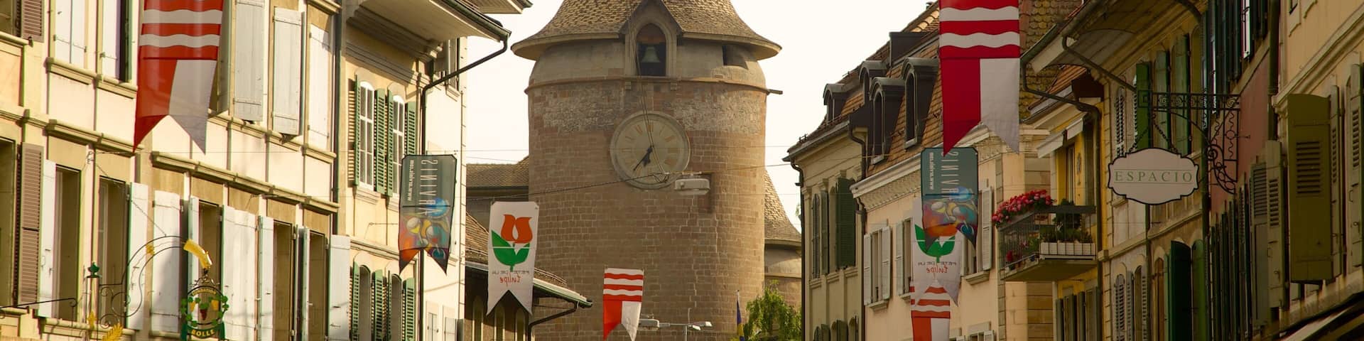 Morges showing a church or cathedral and street scenes